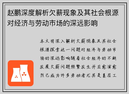 赵鹏深度解析欠薪现象及其社会根源对经济与劳动市场的深远影响