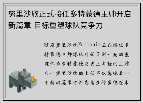 努里沙欣正式接任多特蒙德主帅开启新篇章 目标重塑球队竞争力