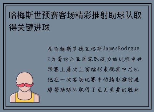 哈梅斯世预赛客场精彩推射助球队取得关键进球 哈梅斯世预赛客场精彩推射助球队取得关键进球
